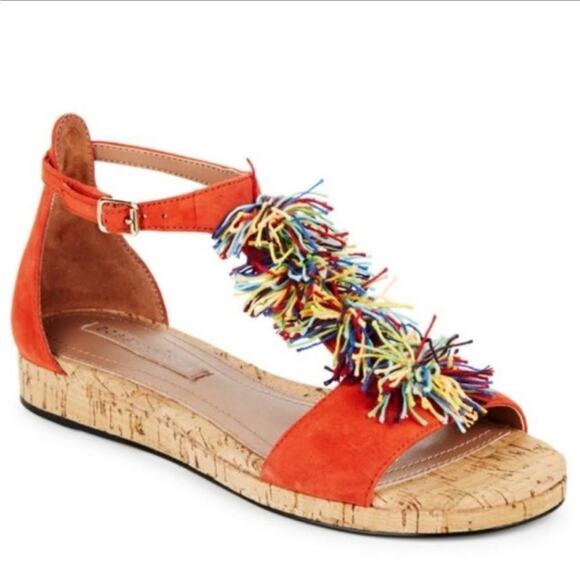 BCBG MAX AZRIA Women's Delfina Pom-pom Orange Leather T-strap Sandals Size 36.5 - Picture 1 of 6